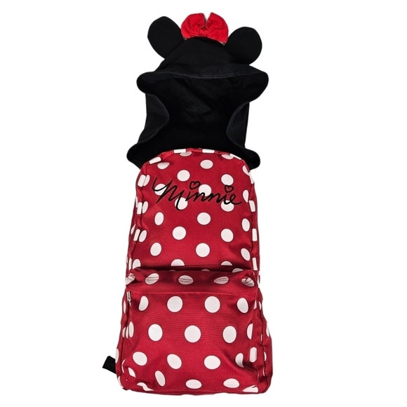 Disney Red & White Polka Dot Minnie Mouse Hooded Backpack Women's Bag - Picture 1 of 12